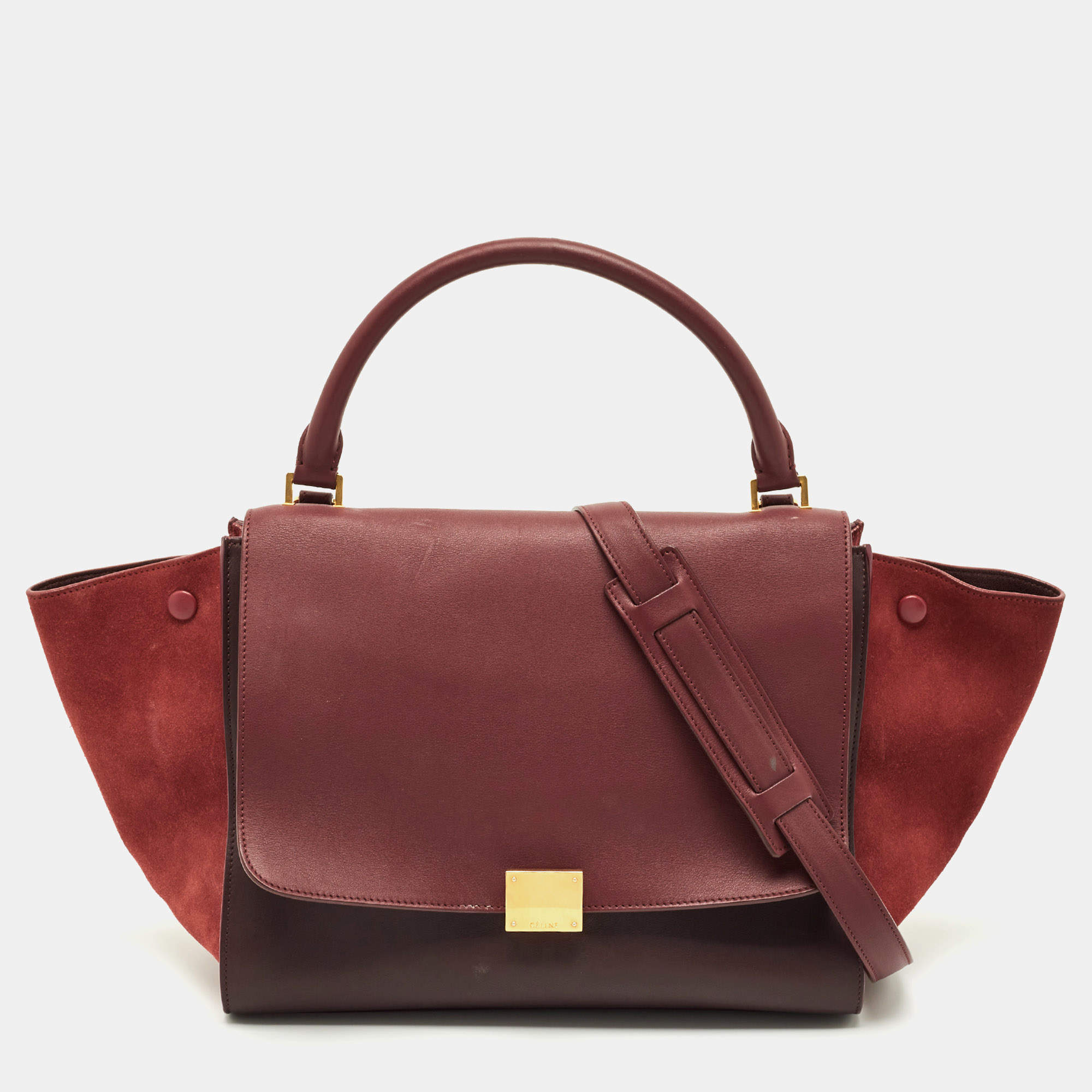 Celine Burgundy/Red Leather and Suede Medium Trapeze Top Handle Bag
