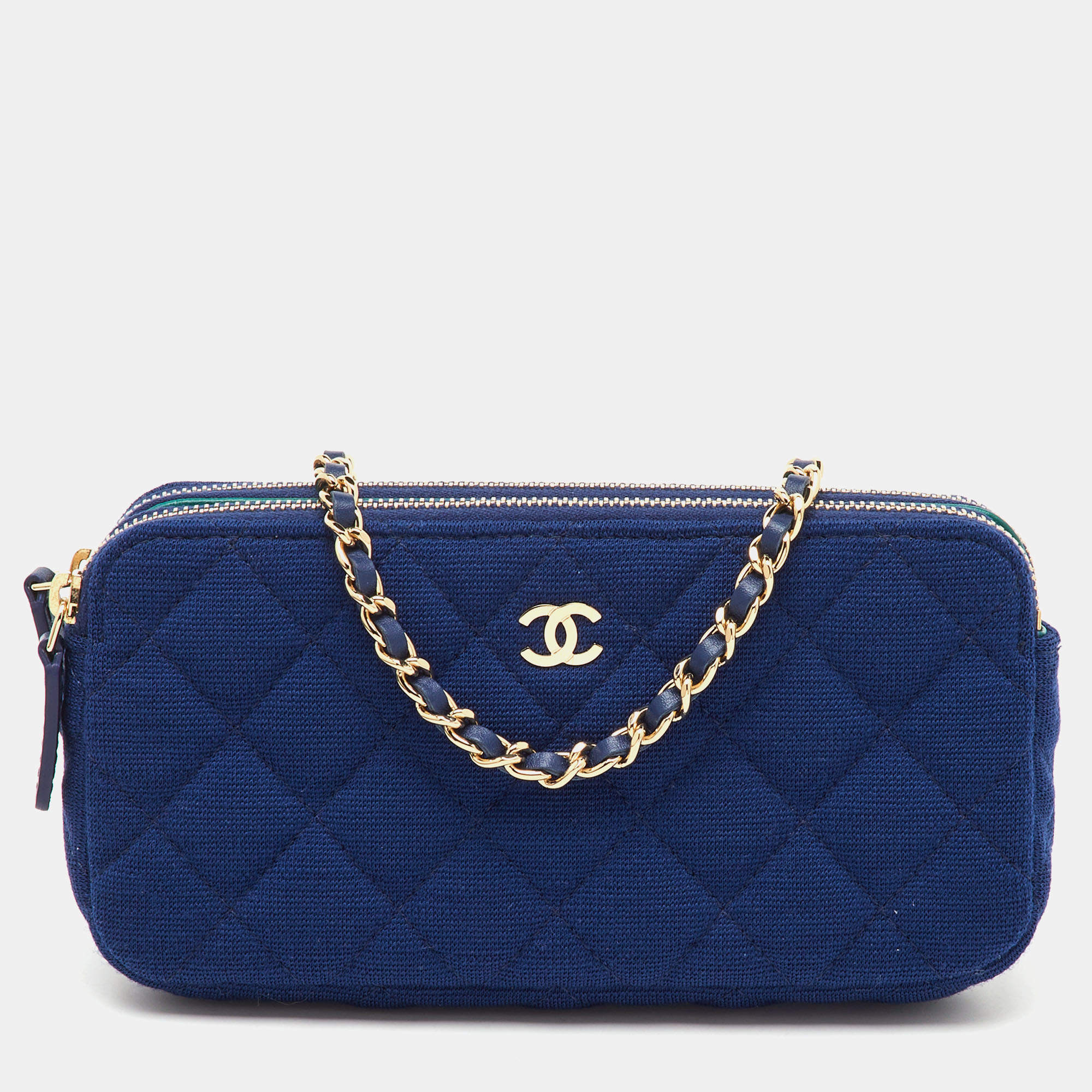 Chanel Blue Quilted Fabric Double Zip WOC Crossbody Bag