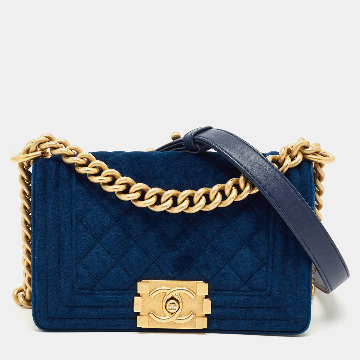 Chanel Blue Quilted Velvet Small Boy Flap Bag