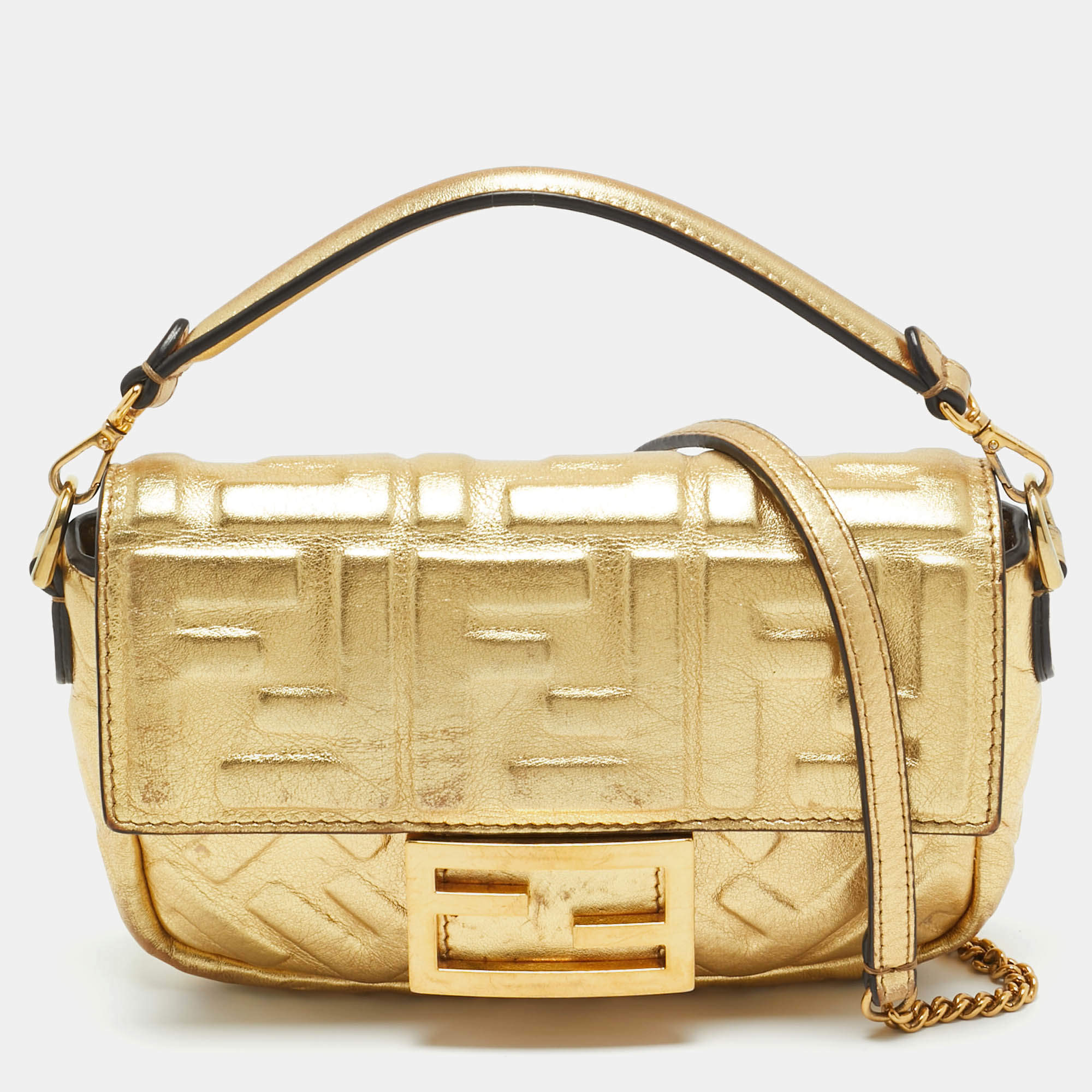 Fendi Gold Zucca Embossed Leather Mini Baguette Chain Bag